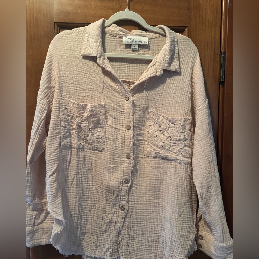 Vintage Havana Crinkle Gauze Button Up Shirt Women’s Small Peach Waffle Knot Top